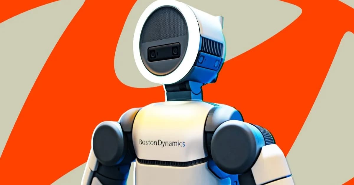 Ilustrasi robot humanoid Atlas buatan Boston Dynamics dengan latar belakang pabrik Hyundai