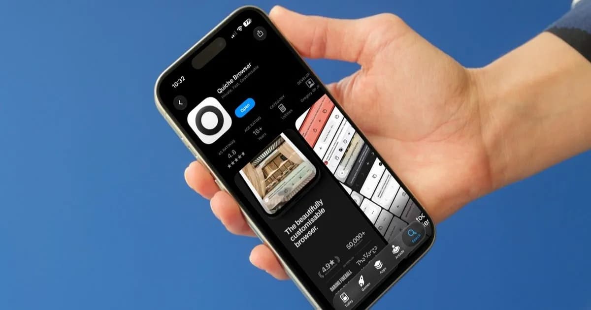 Tampilan antarmuka Quiche Browser di iPhone dengan hasil pencarian tanpa AI overviews
