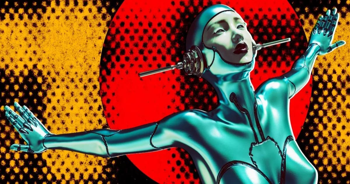 Ilustrasi robot AI perempuan dengan tangan terbuka