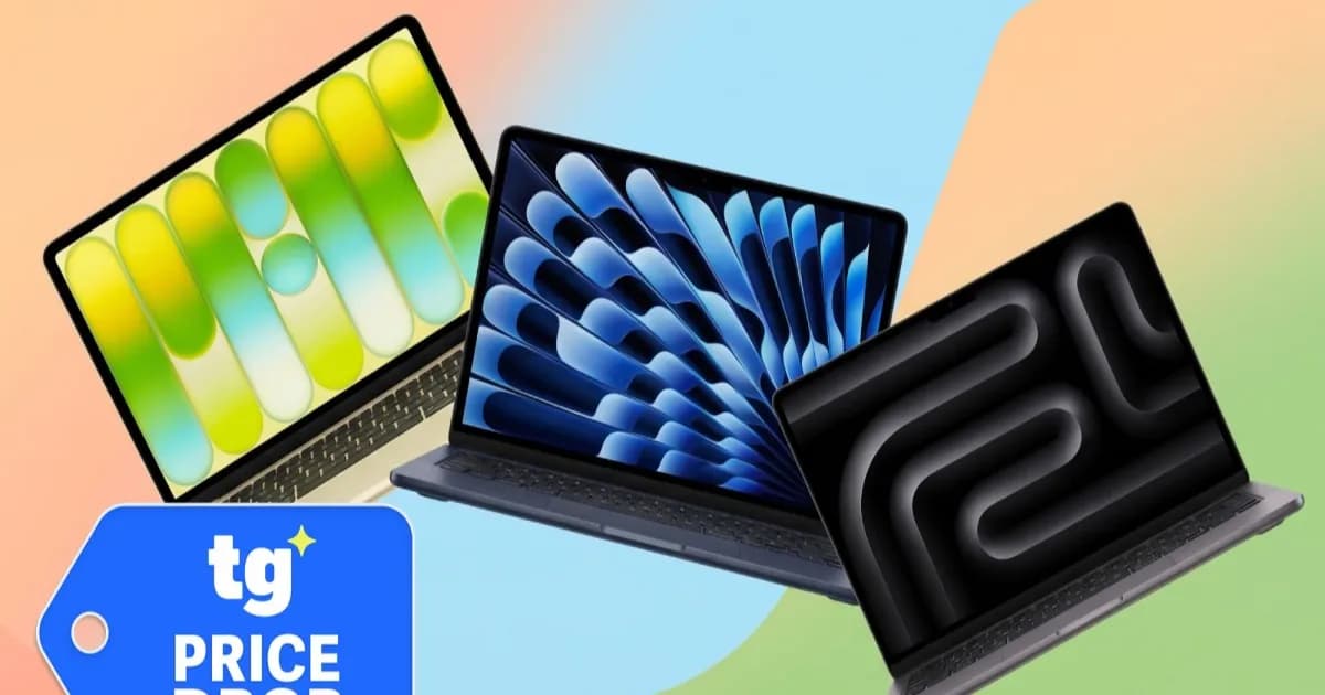 Koleksi MacBook Air, MacBook Pro, dan MacBook Neo dengan latar belakang pastel
