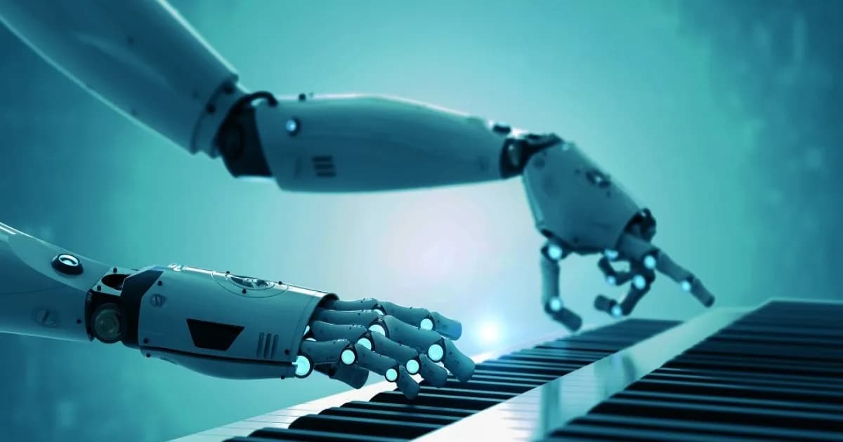 Ilustrasi tangan robot memainkan piano yang mewakili kecerdasan buatan di industri musik