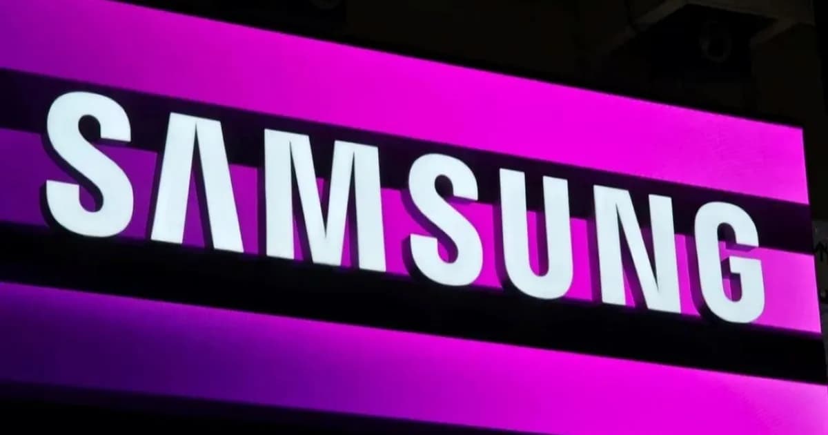 Ilustrasi logo Samsung dengan latar belakang merah muda