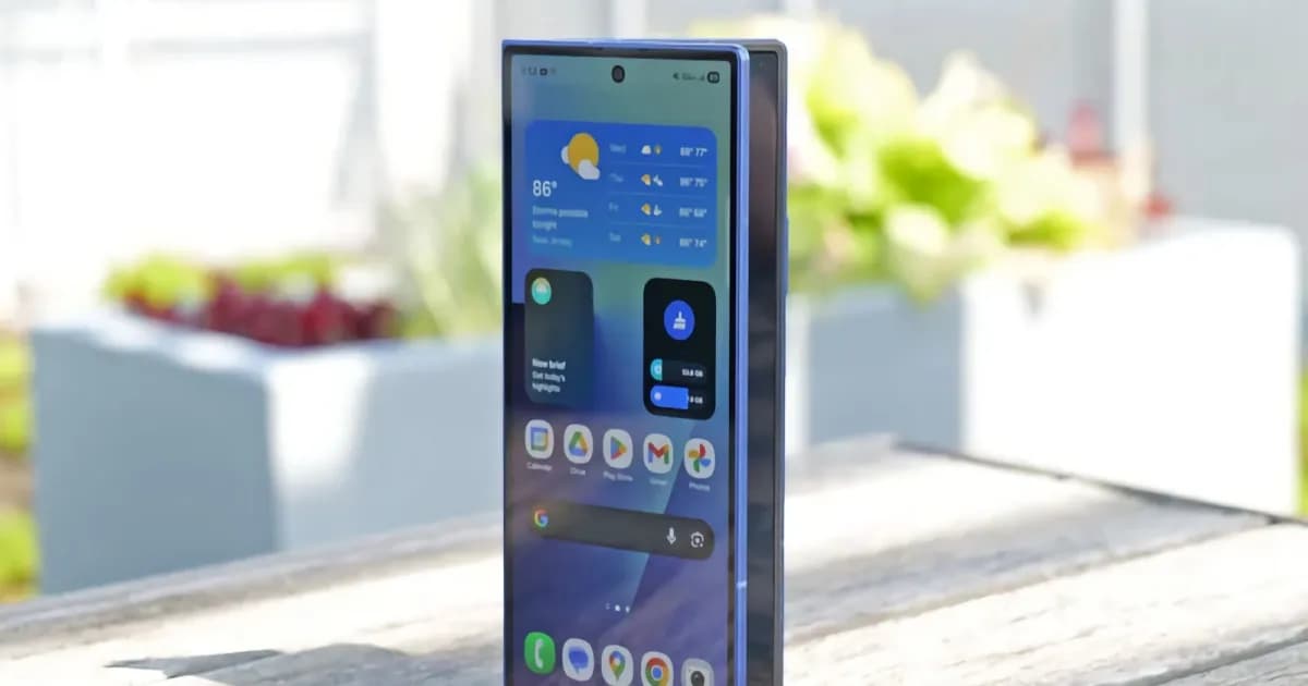 Galaxy Z Fold 7 berwarna biru berdiri vertikal di atas meja kayu