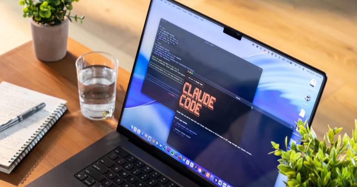 Ilustrasi Claude Code di layar laptop dengan kode pemrograman