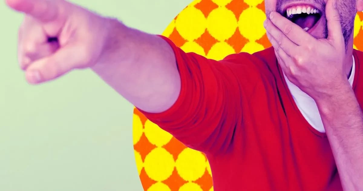 Ilustrasi seorang pria menunjuk dan tertawa dengan ekspresi ejekan dan schadenfreude