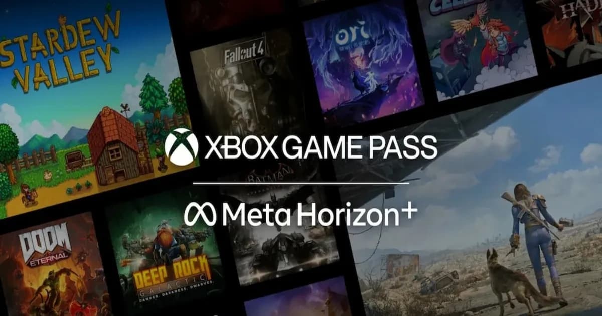 Logo Xbox Game Pass dan Meta Horizon+ berpadu dengan latar belakang key art beberapa video game populer.