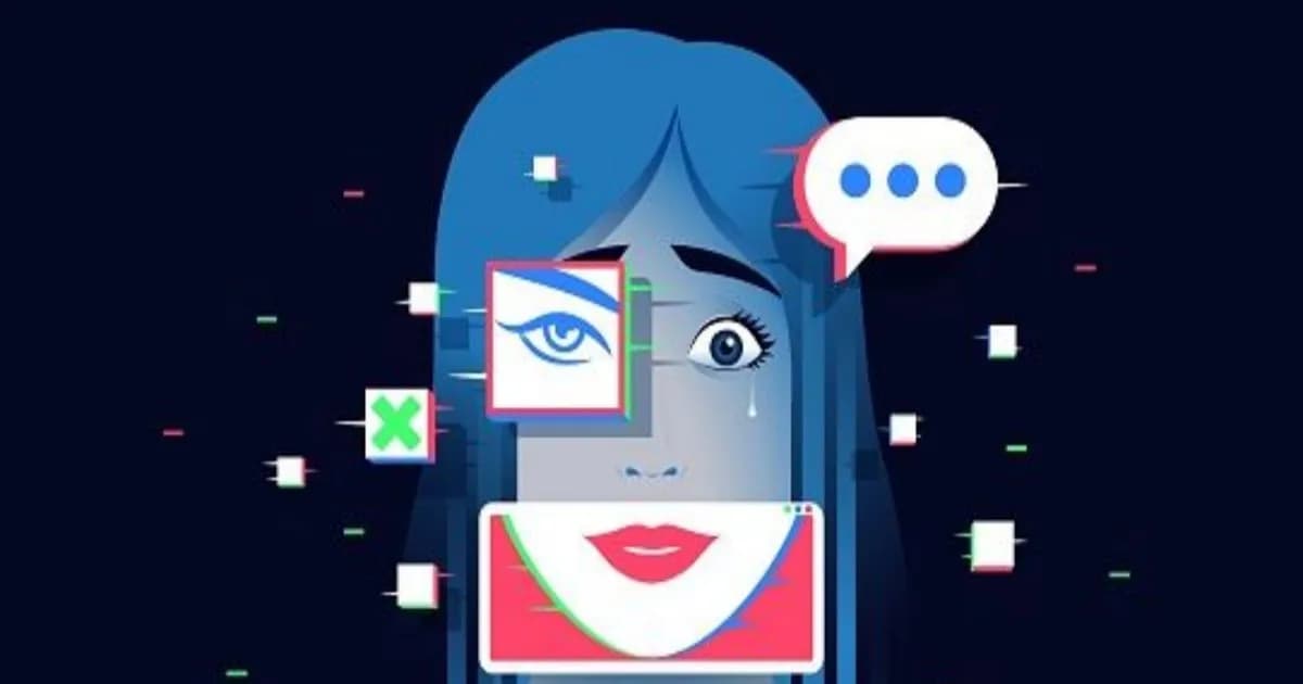 Ilustrasi wajah seorang wanita sedang dimanipulasi oleh AI
