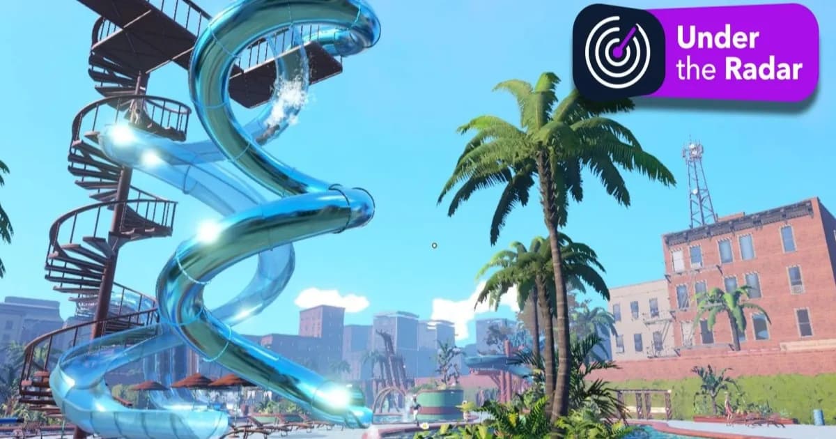 Cuplikan gameplay Waterpark Simulator yang menampilkan taman air dengan seluncuran dan kolam renang, serta lencana Under the Radar dari TechRadar.