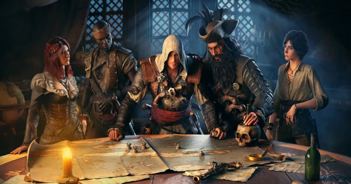 Key art Assassin's Creed Black Flag Resynced menampilkan Edward Kenway dengan dua pistol