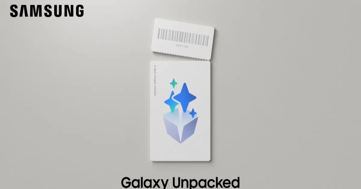 Teaser undangan acara Samsung Galaxy Unpacked bulan Juli 2026 dengan latar belakang warna emas
