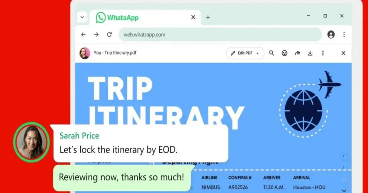 WhatsApp open on a MacBook Air menampilkan fitur integrasi PDF Adobe