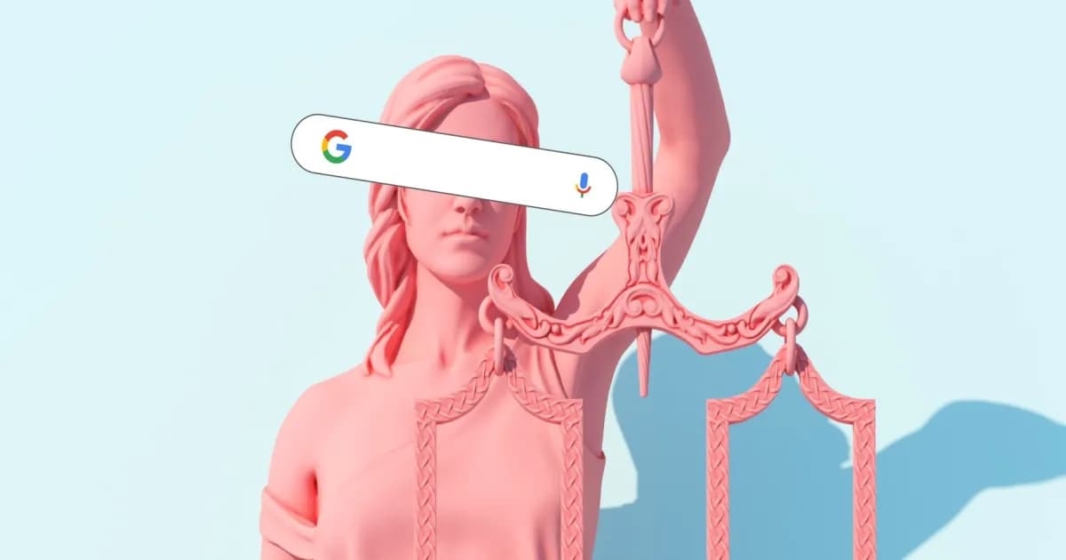 Ilustrasi logo Google dengan latar bendera Uni Eropa dan simbol denda