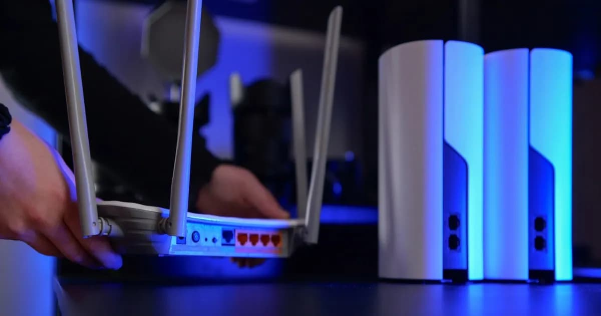 Seseorang dengan cahaya biru terang meletakkan router Wi-Fi di atas meja.