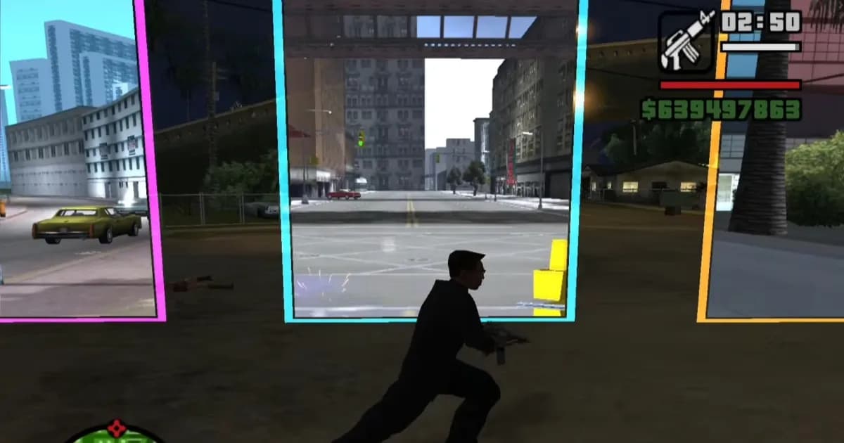 Tiga game GTA klasik berjalan simultan dan terhubung melalui portal dalam satu proses