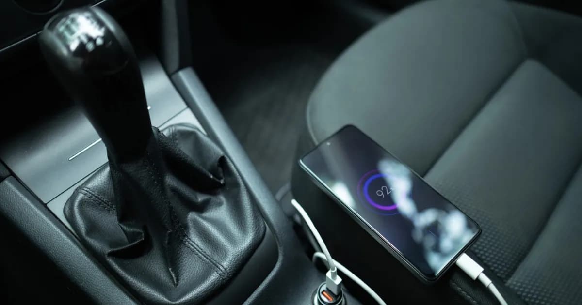 Ilustrasi ponsel sedang dicharge di dalam mobil dengan kabel USB terhubung ke port charger