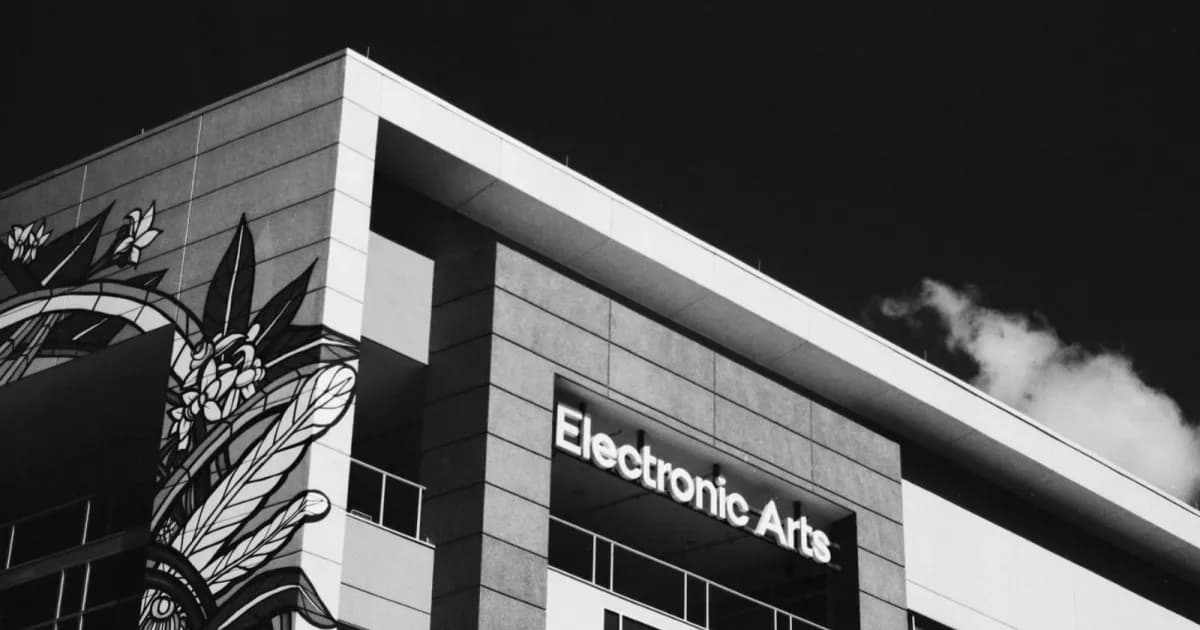 Logo Electronic Arts di gedung dengan mural bunga