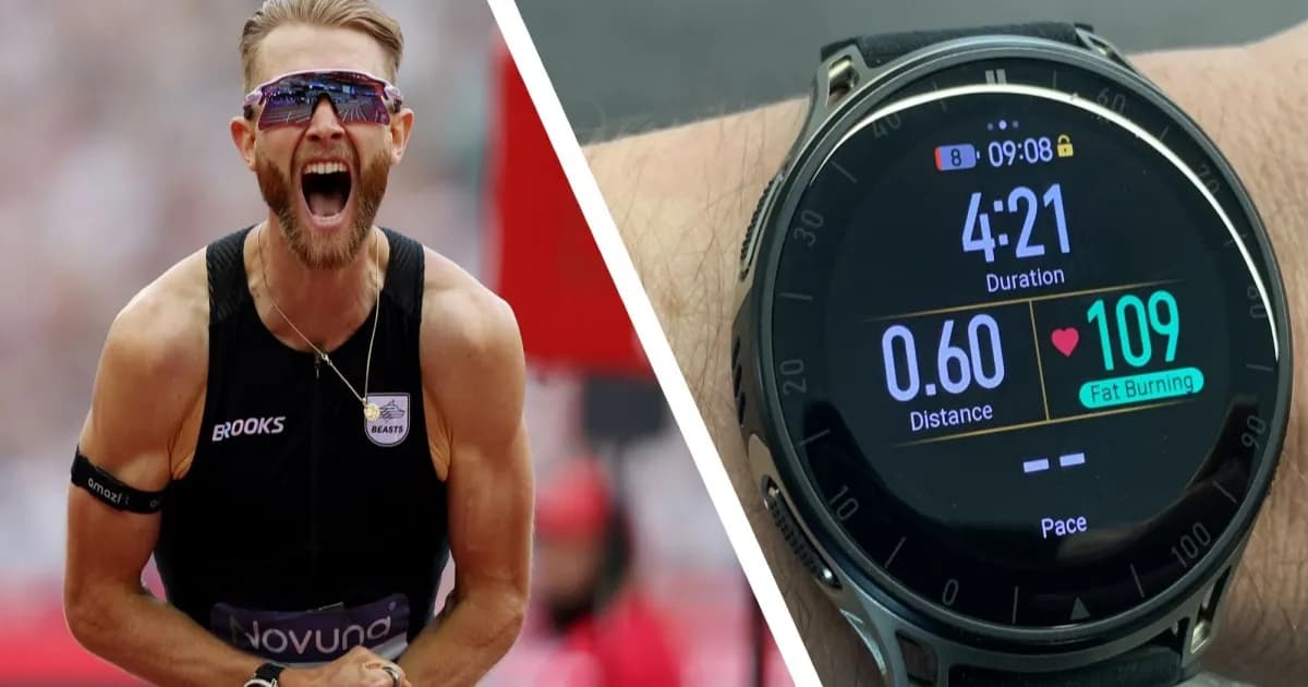 Atlet Josh Kerr memegang rekor dunia mile sambil menunjukkan Amazfit Cheetah 2 Pro di pergelangan tangan