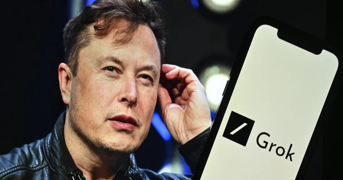 Elon Musk di samping logo Grok AI di ponsel