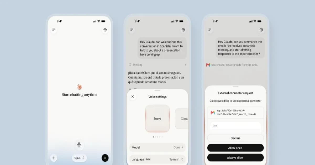Antarmuka Claude Voice Mode dengan opsi memilih model Opus, Sonnet, atau Haiku