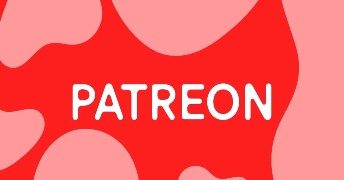 Ilustrasi logo Patreon dengan latar belakang abstrak biru dan oranye