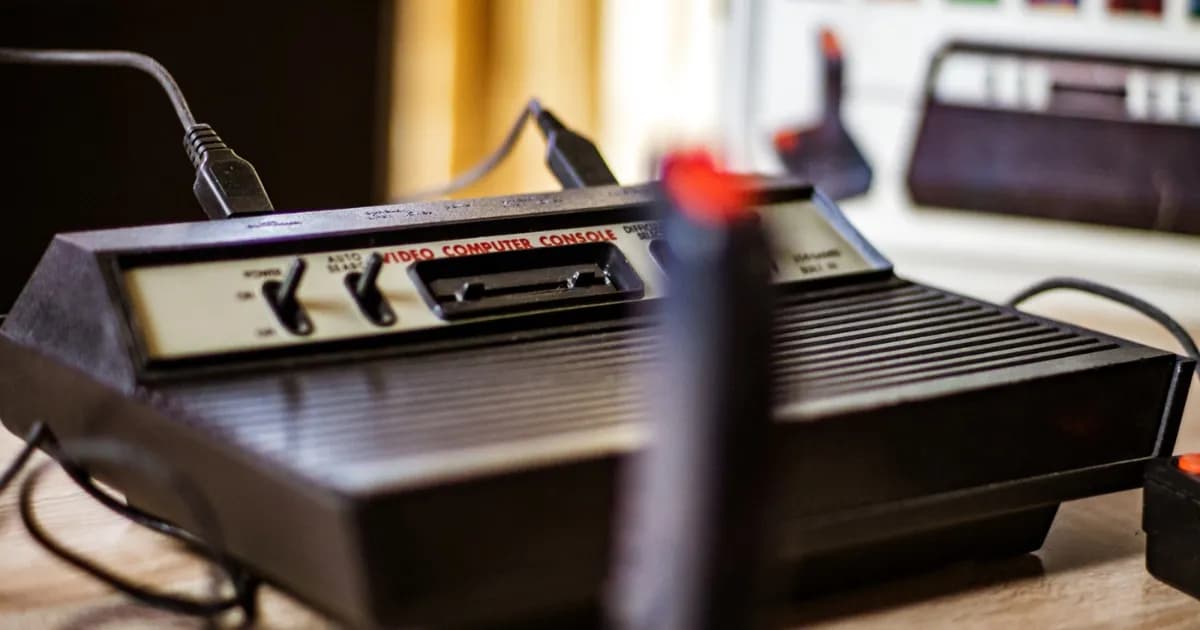 Foto close-up konsol game Atari 2600 dengan joystick buram di latar depan dan kotak konsol buram di latar belakang.