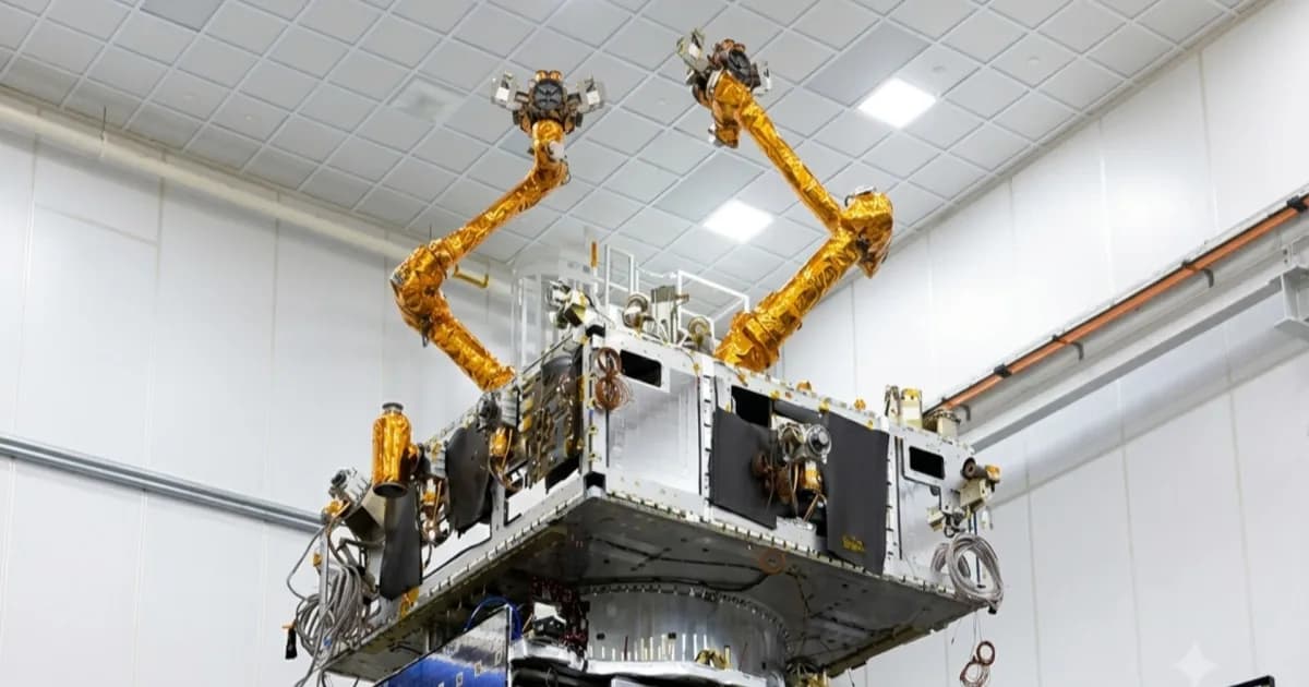 Ilustrasi Northrop Grumman Mission Robotic Vehicle (MRV) dengan dua lengan robotik di orbit
