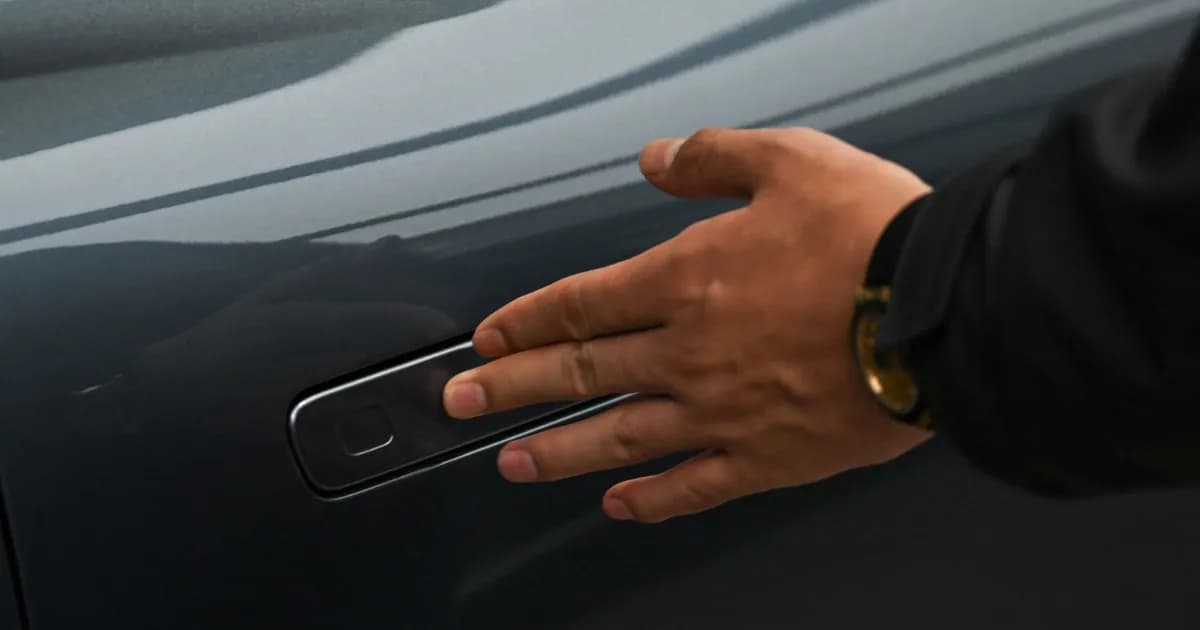 Ilustrasi tangan di atas gagang pintu mobil yang tersembunyi, merepresentasikan kerentanan keamanan kendaraan akibat serangan Bluetooth.