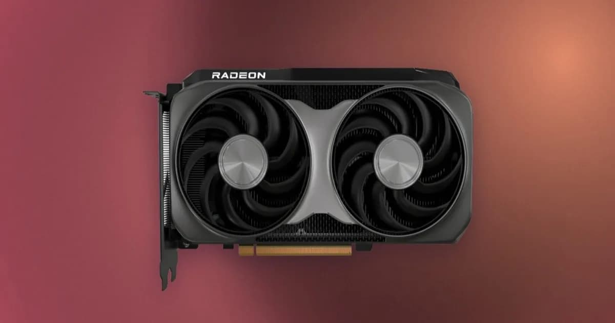 Kartu grafis AMD Radeon RX 9050 dengan desain dual-fan berwarna hitam dan aksen merah.
