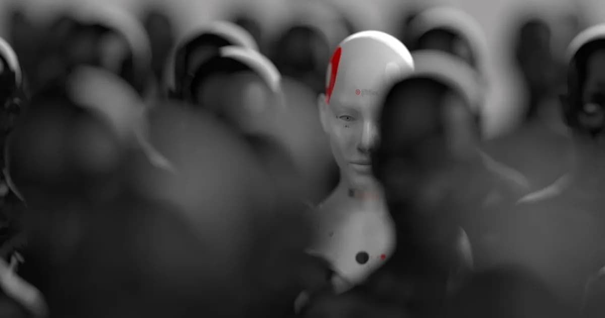 Robot humanoid putih dengan tanda merah di kepala dan leher, fokus tajam di antara kerumunan figur humanoid buram dan gelap.