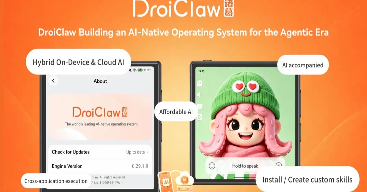 Ilustrasi sistem operasi AI-native DroiClaw pada smartphone dengan antarmuka futuristik