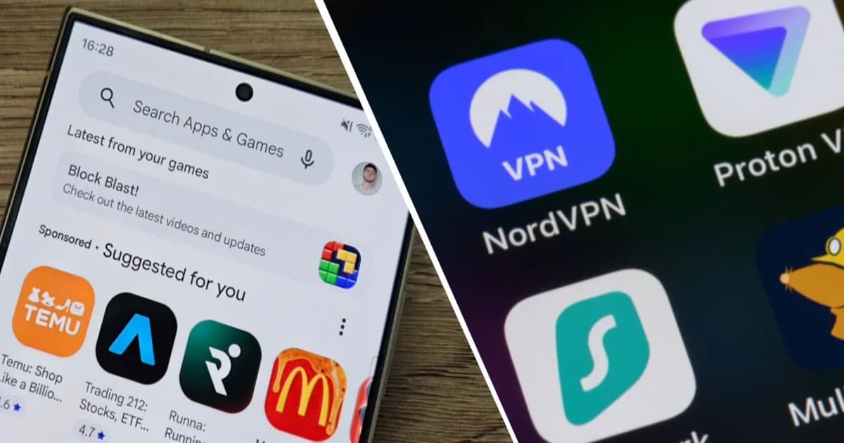 Ilustrasi perbandingan Google Play Store dan Apple App Store dengan ikon keamanan
