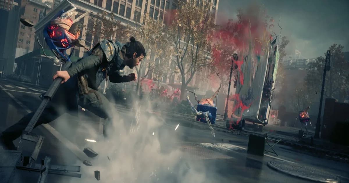 Tangkapan layar Control Resonan menampilkan Dylan Faden di jalanan Manhattan yang berubah bentuk aneh.