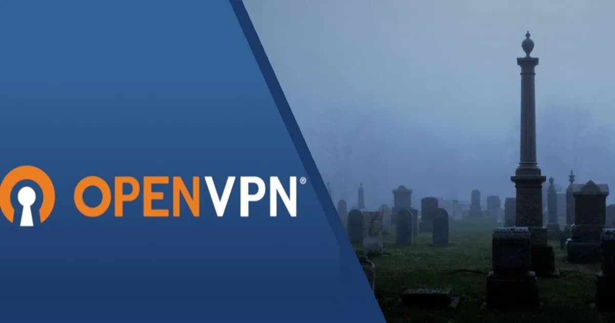 Ilustrasi logo OpenVPN di samping gambar kuburan abu-abu yang melambangkan kode usang