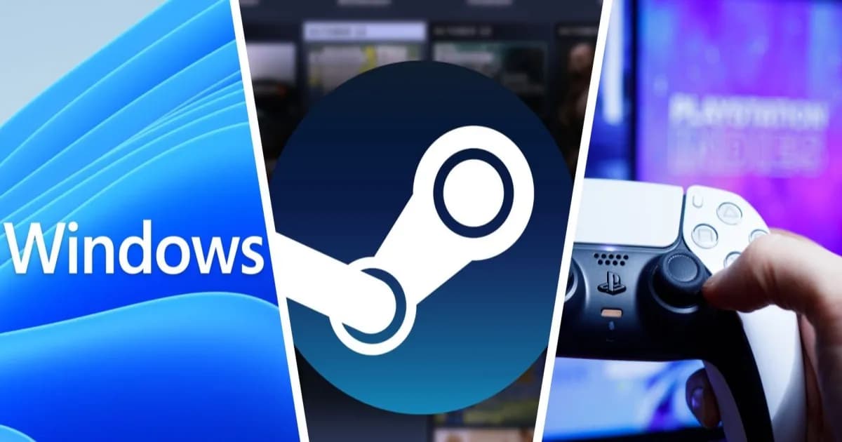 Composite image of Windows text, Steam logo, and hand holding DualSense controller