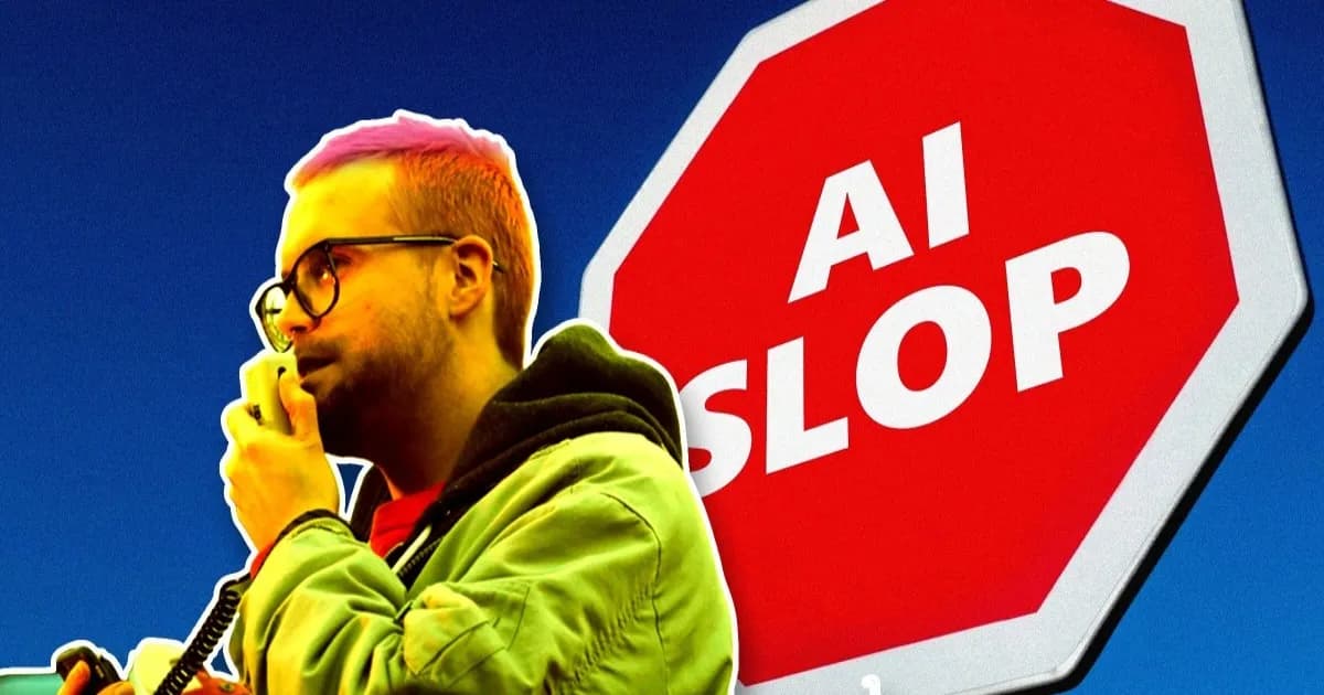 Ilustrasi pelapor Cambridge Analytica Christopher Wylie dengan kacamata dan rambut pendek diwarnai merah muda, berbicara ke megafon genggam. Di belakangnya ada rambu berhenti merah bertuliskan 'AI SLOP' dengan latar langit biru. Gambar bergaya kontras tinggi dengan garis putih di sekeliling pria tersebut.