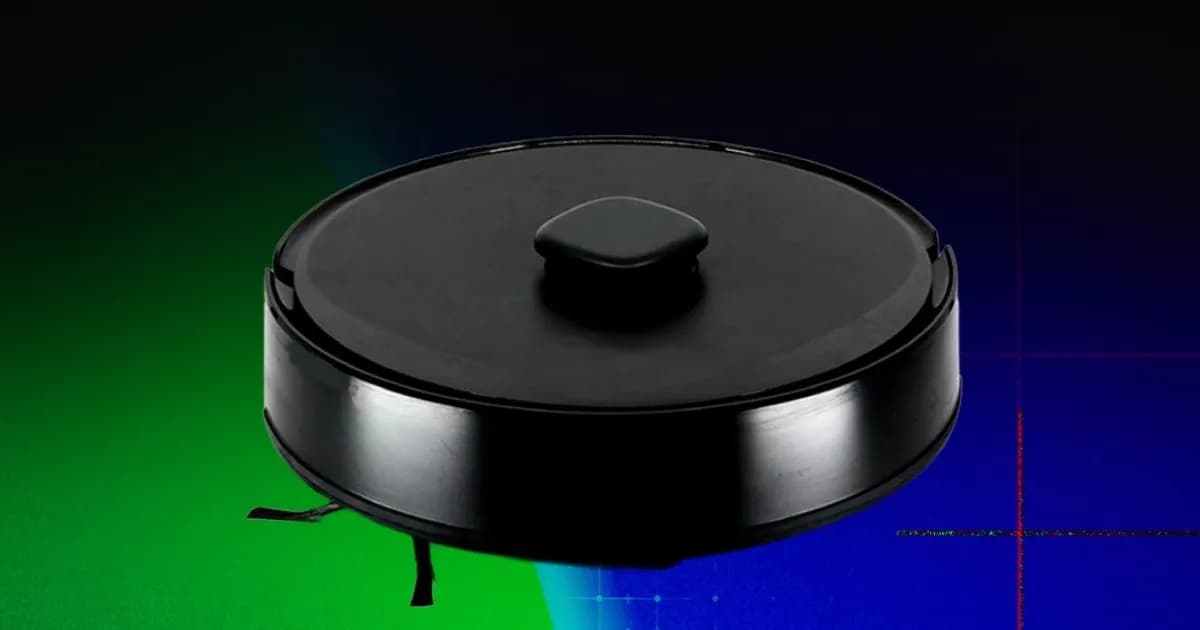 Ilustrasi robot vacuum membersihkan lantai di ruang tamu modern