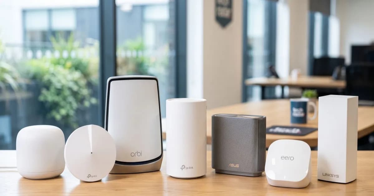 Ilustrasi sistem mesh Wi-Fi dengan beberapa node router yang terhubung di rumah bertingkat