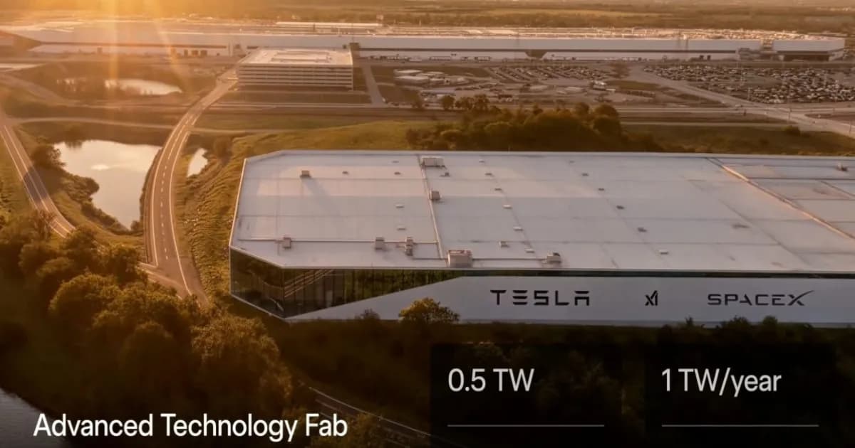 Ilustrasi konsep merger Tesla dan SpaceX dengan Terafab