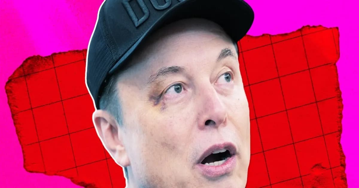Ilustrasi foto berwarna menampilkan Elon Musk dengan latar belakang abstrak