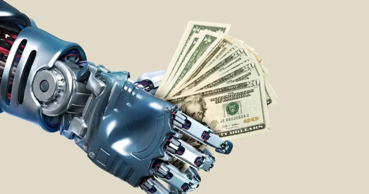 Ilustrasi investasi AI raksasa teknologi dengan tangan robot memegang uang dolar