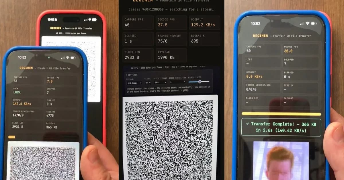 Decimen Optical Transfer: fountain-coded QR file transfer