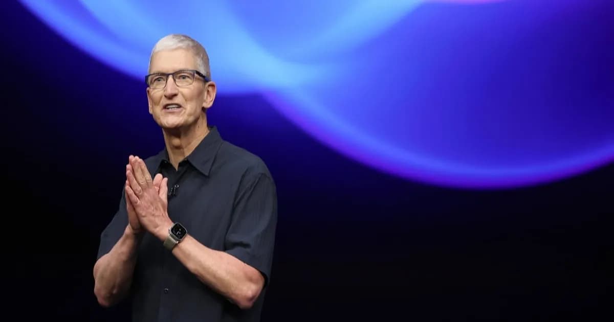 Ilustrasi Siri AI di iPhone dengan latar belakang logo Apple dan ikon iCloud