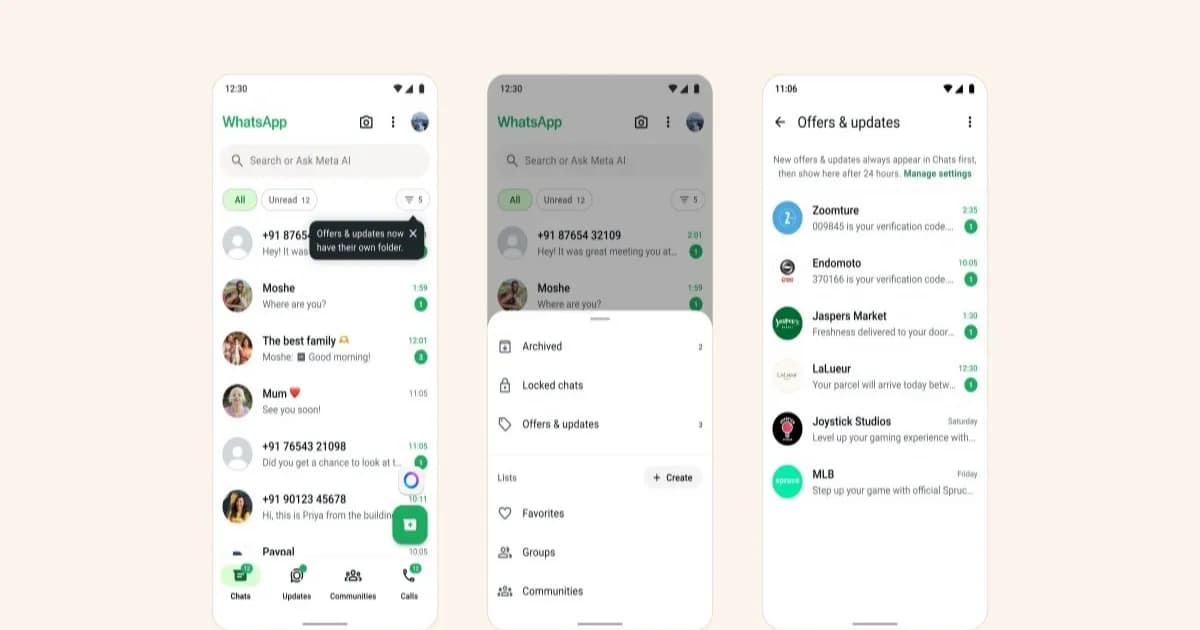 Ilustrasi folder Offers & Updates di WhatsApp untuk memisahkan pesan bisnis dari chat pribadi