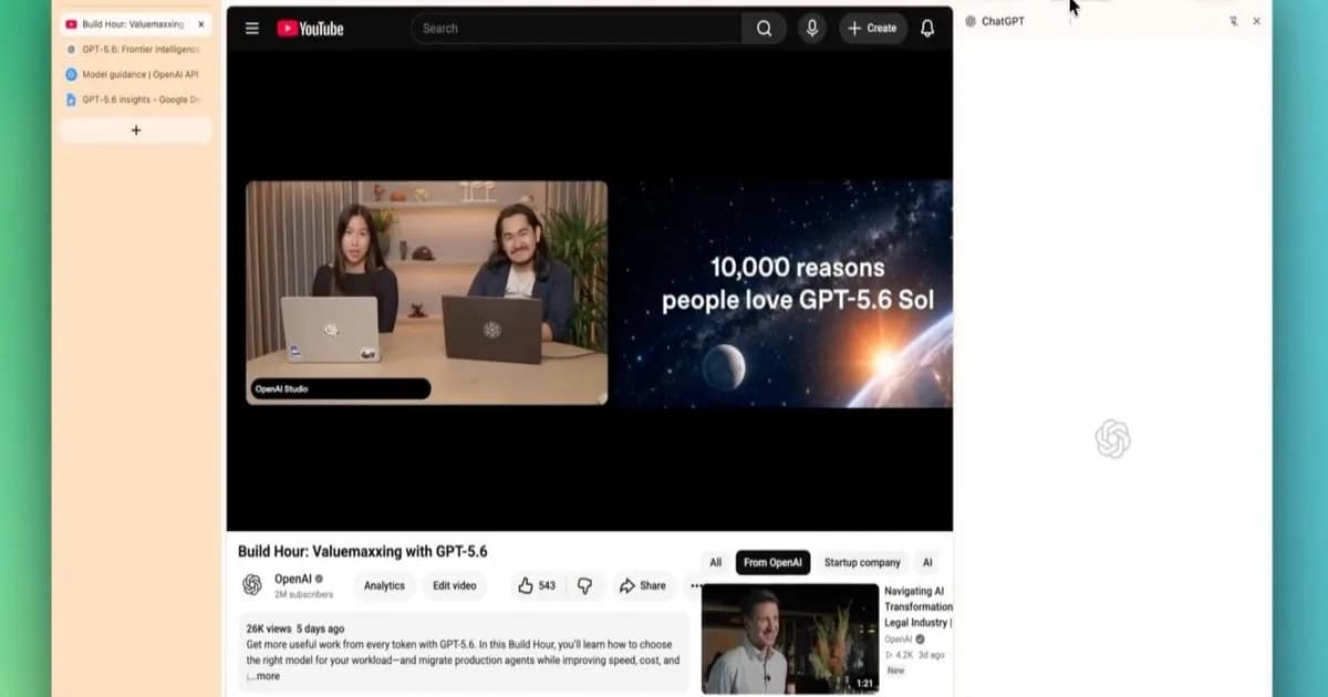 Tampilan antarmuka ChatGPT Chrome extension dengan fitur Side Chat dan kemampuan membaca tab terbuka