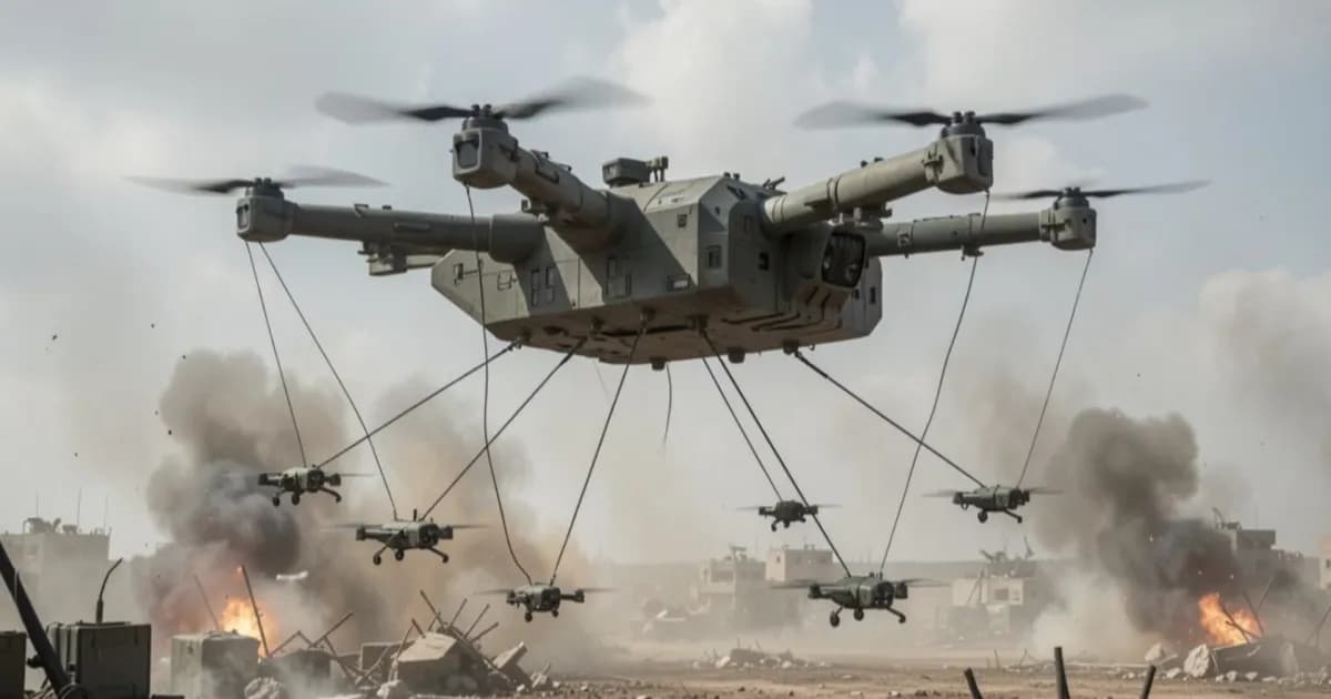 Ilustrasi drone induk Rusia dengan enam kopter pengintai bertali