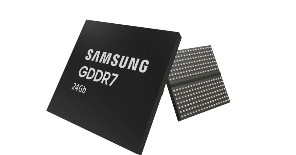 Ilustrasi modul memori RAM Samsung dengan latar motherboard komputer