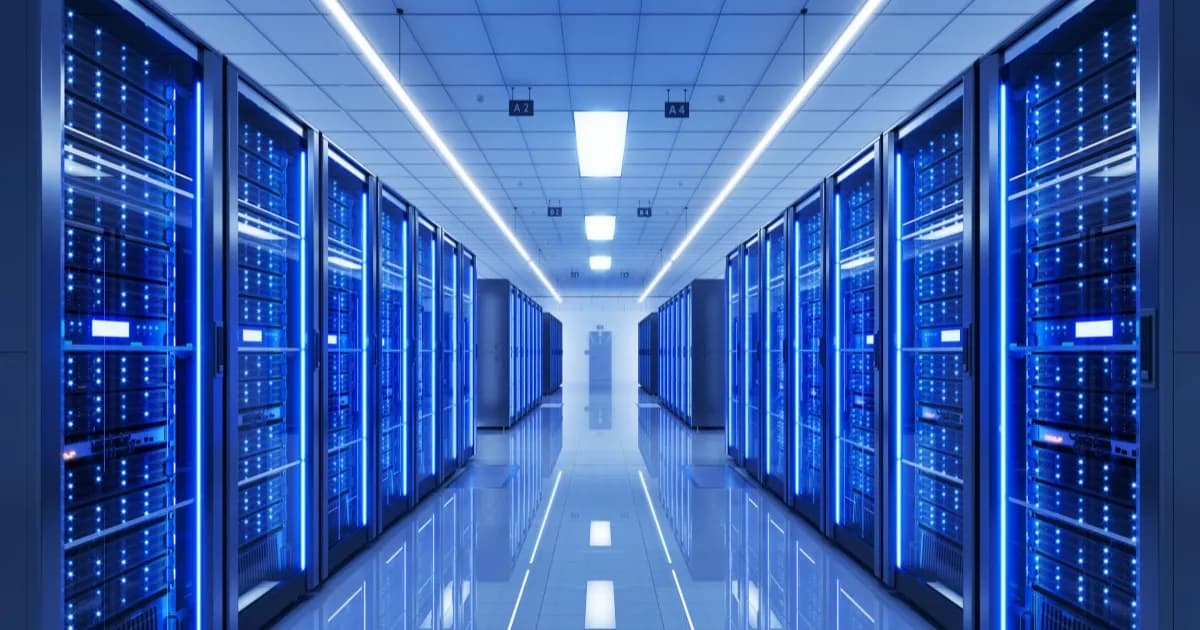 Ilustrasi data center modern dengan pencahayaan biru yang menggambarkan infrastruktur AI