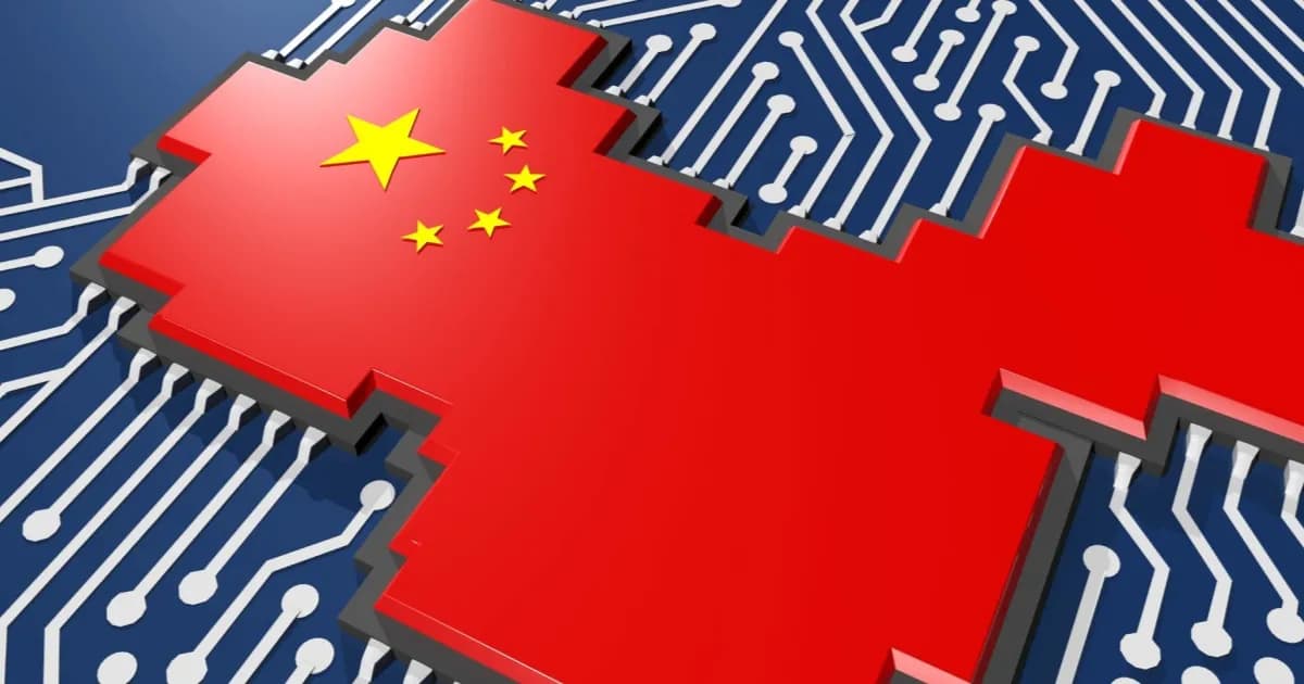 Ilustrasi chip semikonduktor China dengan latar peta negara