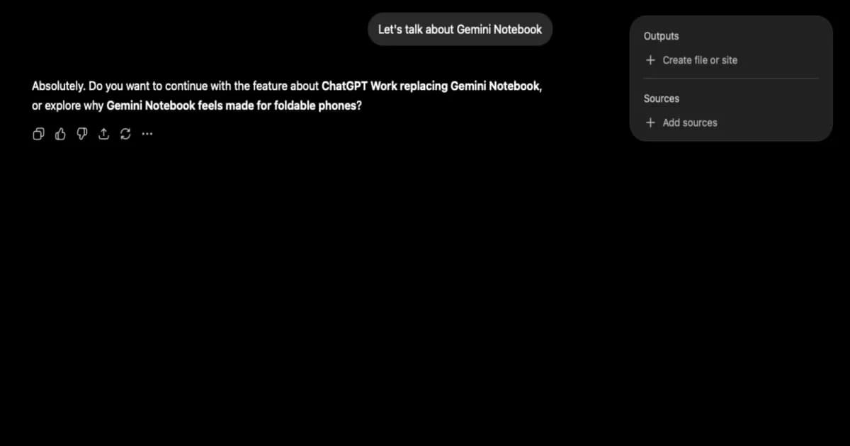 Tampilan antarmuka mode Work ChatGPT Pro dengan panel Outputs dan Sources