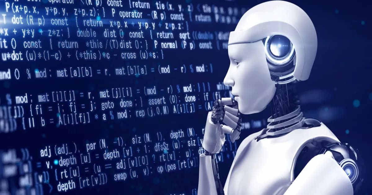 Robot berdiri di depan layar digital raksasa berisi kode program, menggambarkan kompleksitas implementasi AI di perusahaan.